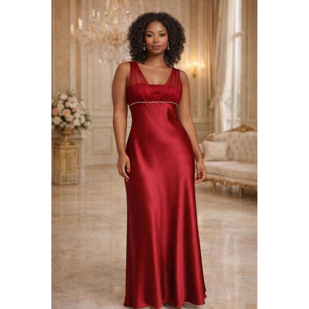 F.I.E.S.T.A Fashion 3XL Red Satin Maxi Dress Sheer Overlay Empire Waist Elegant